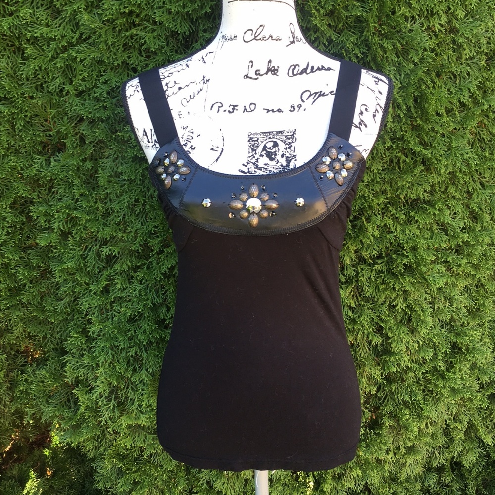FREE PEOPLE Black Jeweled Rayon Sleeveless Top